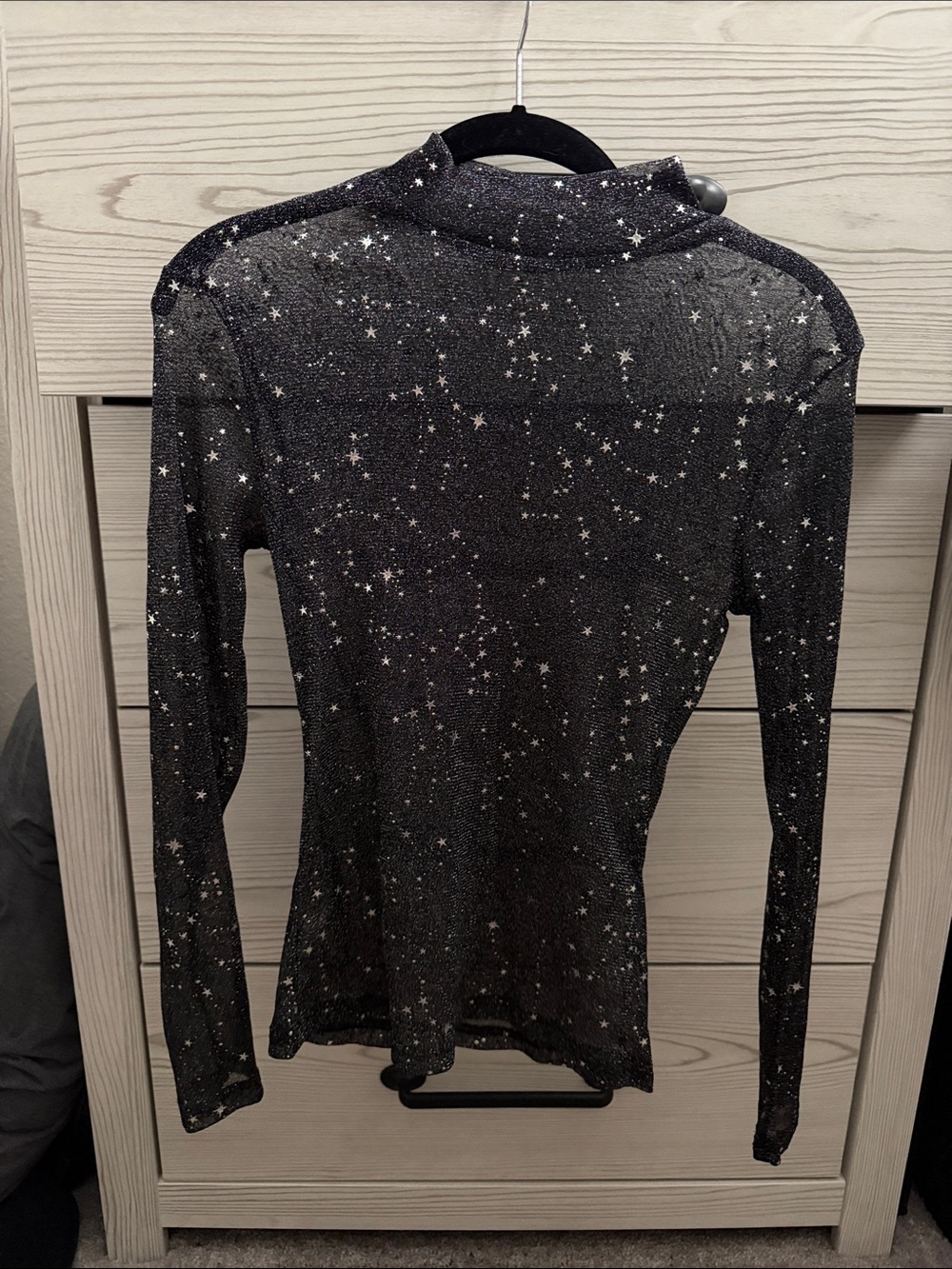Women's Black Metallic Star Print Long-Sleeve Mock Neck Top